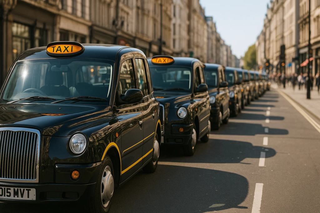 Fleet of iconic UK black cabs lined up, ready for dispatch by a cab dispatching company.