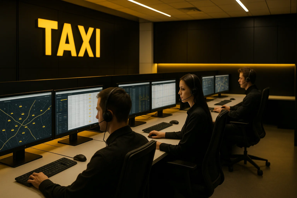 Taxi dispatching company operators managing real-time bookings in a modern UK dispatch center.