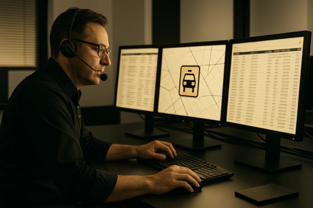Professional taxi dispatcher coordinating rides using dispatch software in a UK-based dispatching company.